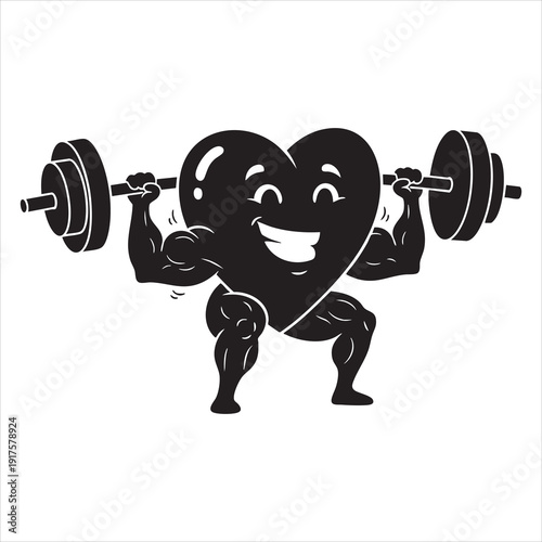 Motivational health illustration featuring a person lifting a barbell with a heart shaped body for heart health awareness. 