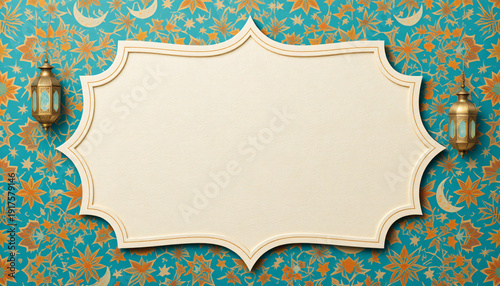 Islamic Ramadan and Eid Background Template with Colorful Geometric Mosaic Star Pattern, Hanging Golden Lanterns, and Elegant Copy Space Generative AI