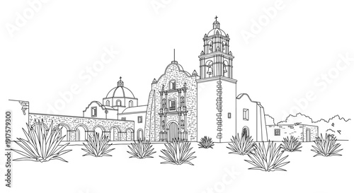 Historic mission church line art with agave plants