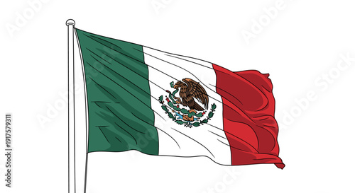 Mexican flag waving with bold eagle emblem in vibrant colors