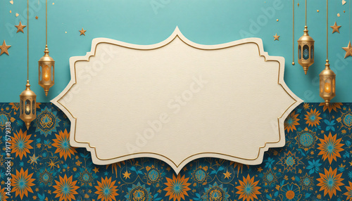 Islamic Ramadan and Eid Background Template with Colorful Geometric Mosaic Star Pattern, Hanging Golden Lanterns, Elegant Copy Space Generative AI