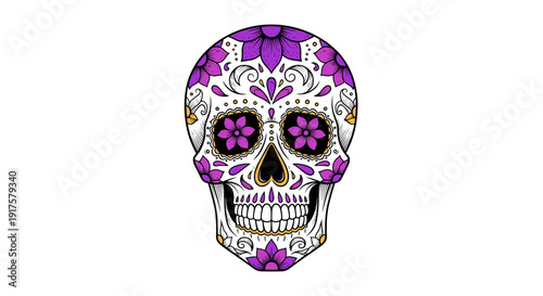 Colorful sugar skull with floral patterns on white background