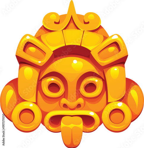 Aztec ethnic golden mask computer game icon. Game item or accessory, Aztec Mexican tribal culture isolated vector object. Fantasy RPG game Peruvian Inca or Maya mask history icon or object asset
