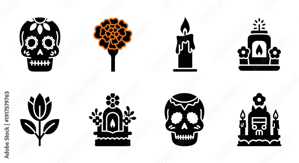 Obraz premium Day of the dead icons: skulls, flowers, and altars in bold silhouette style
