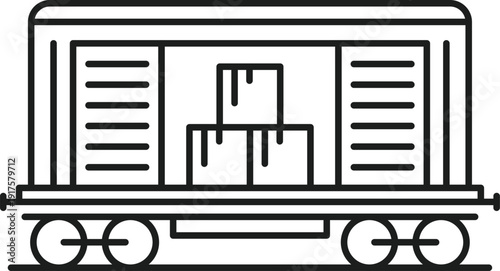 Parcel shipping wagon, cargo transportation railway line icon or label. Freight shipment industry lineart icon, cargo railroad logistics vector pictogram. Goods delivery railway transportation symbol