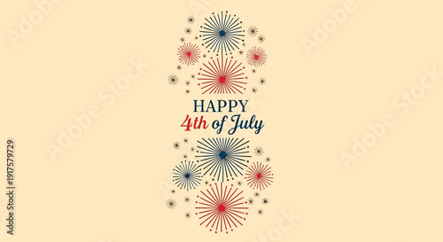 Patriotic 4th of July celebration icon with fireworks and Happy 4th of July text in red, white and blue colors, isolated on beige background