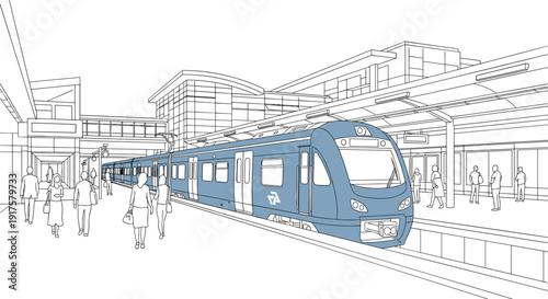 Modern city train scene in detailed linear style with urban architecture