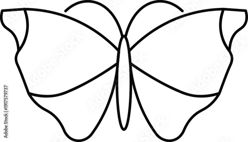 A simple black and white outline drawing of a butterfly with symmetrical wings, perfect for coloring or as a graphic design element.