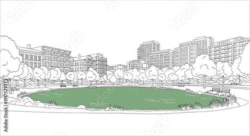 Linear urban park scene with green pond and city skyline