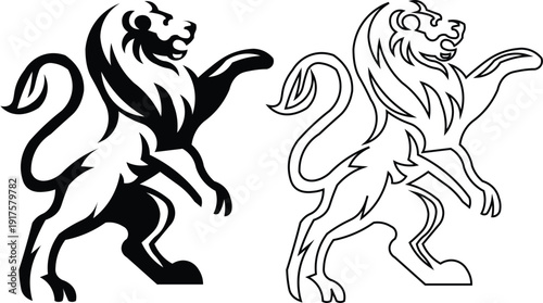 Two stylized heraldic lions in a rampant pose, one solid black and one outline, representing strength and nobility.
