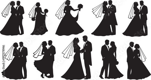 Silhouettes of romantic wedding couples in various poses together