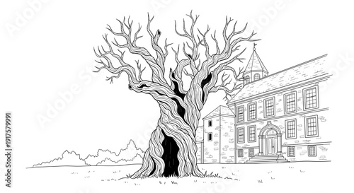 Historic tree and old monastery in detailed line art style