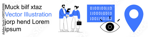 Business communication, teamwork, digital security, data concepts, navigation, technology. Two people shaking hands, binary code eye symbol pin icon. Business communication and digital security