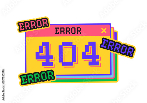 Computer 404 error window Y2K groovy sticker or retro symbol. PC technology funky vector tag, 2000s computer hardware retro sticker. Operating system or web browser error message window groovy label