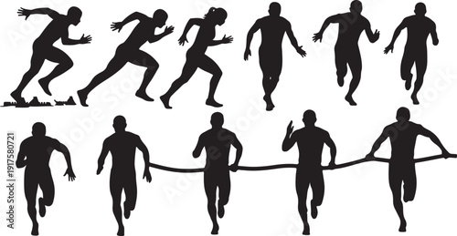 Black silhouettes of runners in various dynamic motion poses