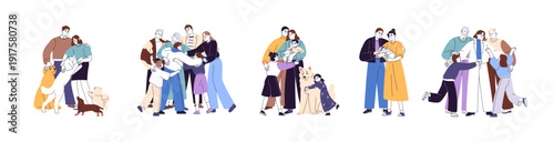 Happy families set. Parents, grandparents and kids are gathering and hug together. Mother, father, granny and children cuddle, embrace. Flat isolated outline vector illustrations on white background
