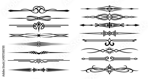Vintage divider decor, elegant frame separate borders. Vector frame line borders and dividers with filigree floral ornaments, tribal and celtic knot patterns, page decoration black elements set
