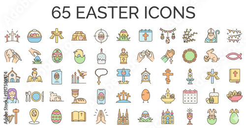 Collection of Easter-themed icons featuring symbols like eggs, bunnies, and crosses on a grid layout