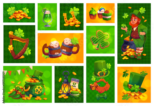 St Patrick's day holiday collage or background. Ireland festive vector flyer, St Patrick banner or collage poster with leprechaun top hat, smoking pipe and beard, beer tankards, golden coins, sweets