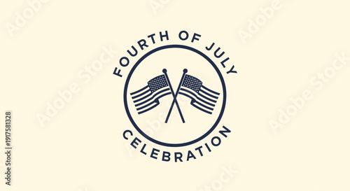 Patriotic Fourth of July celebration vector graphic with American flags. Includes Independence Day symbols. Created in simple style with navy blue and beige palette.