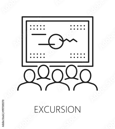 Modern art museum excursion thin line icon or symbol. History museum exhibition outline sign, modern art gallery exposition vector symbol or icon with museum visitors looking on painting on wall
