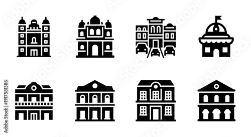 Historic building icons set: classic architecture in black and white silhouette style