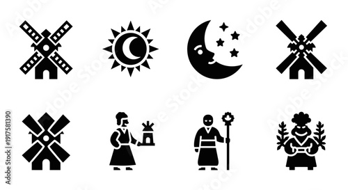 Folk art icons: sun, moon, windmill, and traditional figures in bold silhouette style