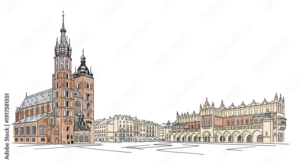 Fototapeta premium Detailed architectural line drawing of european historical square