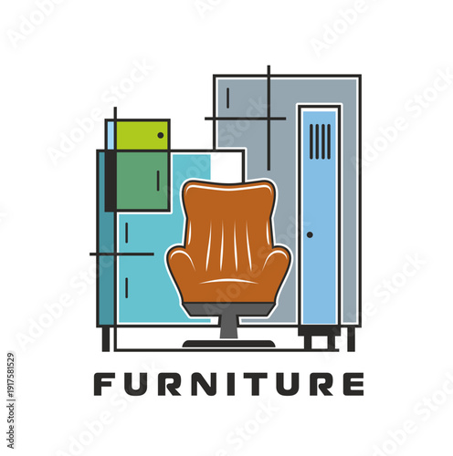 Home interior decor and furniture icon with modern armchair, cabinet, locker and geometric interior elements. Isolated vector emblem for home decor brands or interior design services evokes comfort
