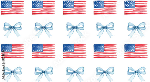 Patriotic icon collection with American flags and blue bows. Includes 12 flag and bow icons. Created in vector style with red, white, and blue palette.