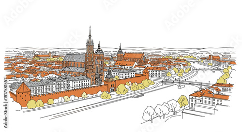 Hand drawn cityscape of gothic architecture with red brick and trees