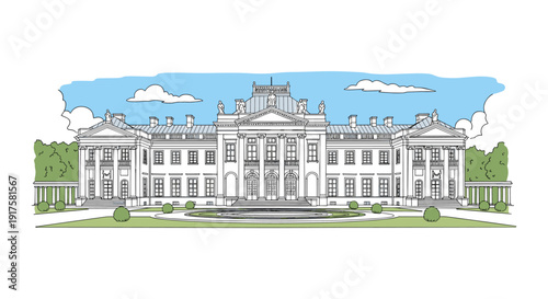 Grand historic mansion with blue sky in detailed architectural drawing