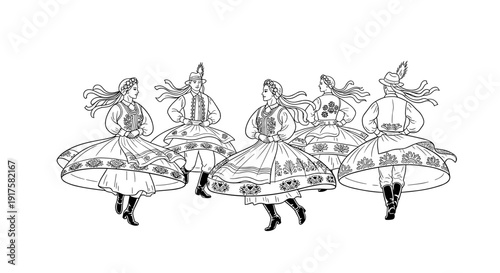 Traditional folk dance celebration in black and white line art style