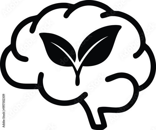 Simple black outline icon of a human brain shape with a leaf growing or placed inside