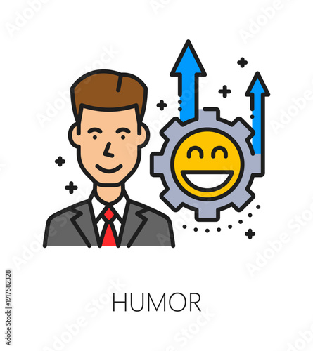Humor life skill color line icon or label. Personality potential thin line vector sign, people quality icon. Human humor ability symbol with businessman or employee happy character, emoji happy face
