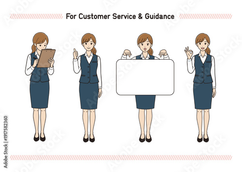 カスタマーサービス対応をする女性スタッフの全身ポーズセット（説明・OKサイン・チェック）