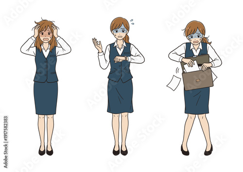 トラブルや焦りに困る女性ビジネススタッフの全身イラスト