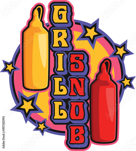 Barbeque restaurant, grill menu Y2K retro sticker or print. Steak barbeque 60s Y2K vector tag, BBQ party vintage patch. Meat grilling hobby label with mustard and ketchup sauce bottles and typography