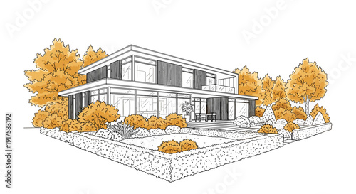 Modern two-story house with autumn foliage in linear style