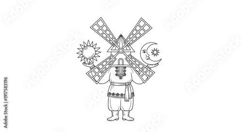 Traditional abstract design with sun, moon, and windmill elements in line art style