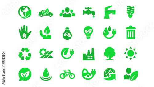 A comprehensive green icon collection representing recycling, renewable energy, environmental protection, clean technology, and sustainable living concepts. Perfect for eco branding and green campaign