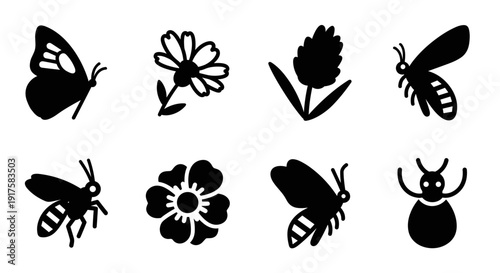 Silhouette collection of insects and flowers in simple black design