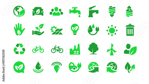 A set of green environmental icons featuring wind turbines, recycling symbols, water conservation, electric vehicles, and eco-friendly initiatives. Suitable for sustainability projects and green 