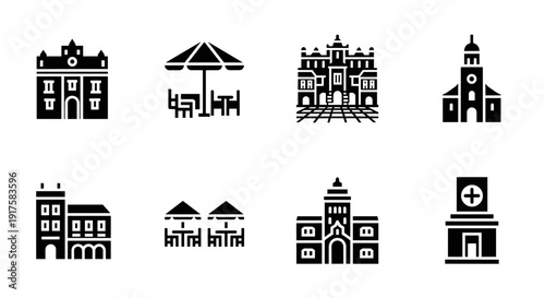 Monochrome city landmarks and outdoor cafe icons collection