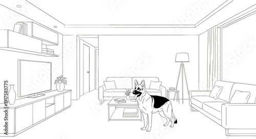 Minimalist living room line art with dog in modern interior