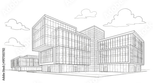 Modern architectural sketch of geometric office buildings with cloudy sky