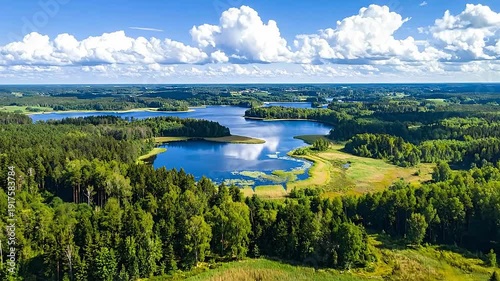 Aerial view shows a beautiful lake surrounded by green forest on a sunny day.