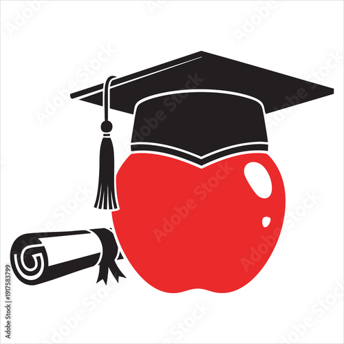Congratulations graduates - Smart apple student in red graduate cap. Cute red apple character. Hand drawn doodle for kids. Good for textiles, school sets, wallpapers, wrapping paper, clothes