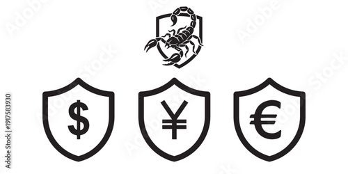 Currency Protection Shield Icons – Financial Security and Fraud Risk Vector Set
