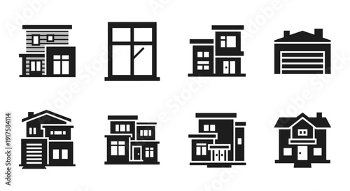 Minimalist black and white silhouettes of modern and traditional houses